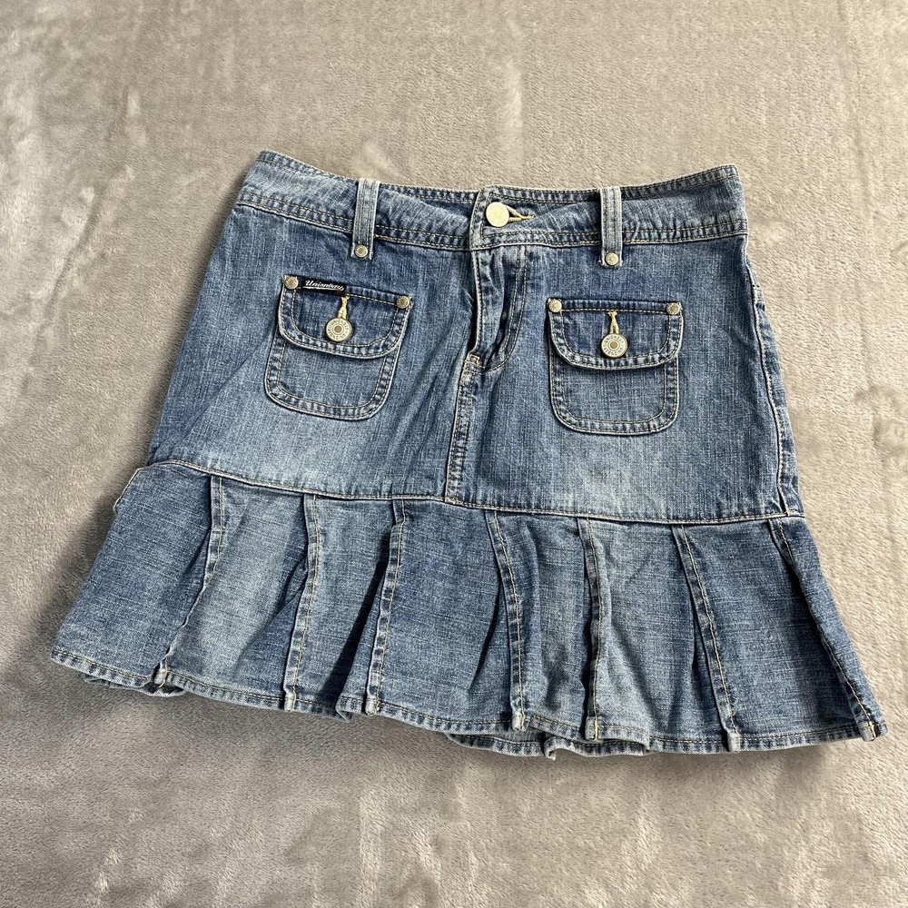 UNIONBAY Skirt Juniors 1 Blue Denim Pleated Ruffle Mini Pockets‎ Low Rise Y2K